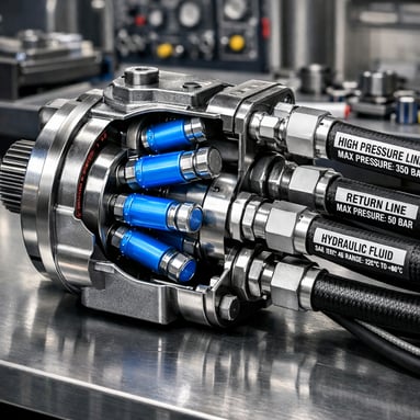 Motore oleodinamico a pistoni installato su macchinario industriale con tubazioni idrauliche e albero di uscita in evidenza