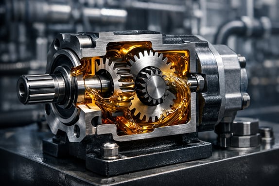 Pompa oleodinamica a ingranaggi in sezione con meccanismo interno visibile e olio idraulico in movimento su centralina industriale