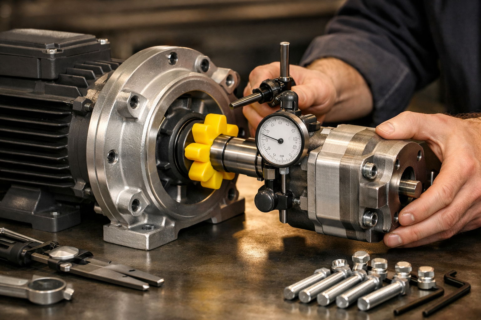 Dettaglio del gruppo motopompa oleodinamico con giunto di accoppiamento, asse di allineamento e tolleranze radiali