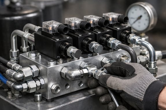 Blocco valvole con distributori oleodinamici collegati su centralina, tubazioni e raccordi visibili sulle bocche P, T, A e B