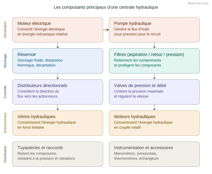 Schéma des composants principaux d'une centrale hydraulique : moteur, pompe, réservoir, filtres, distributeurs, actionneurs, tuyauteries et instrumentation