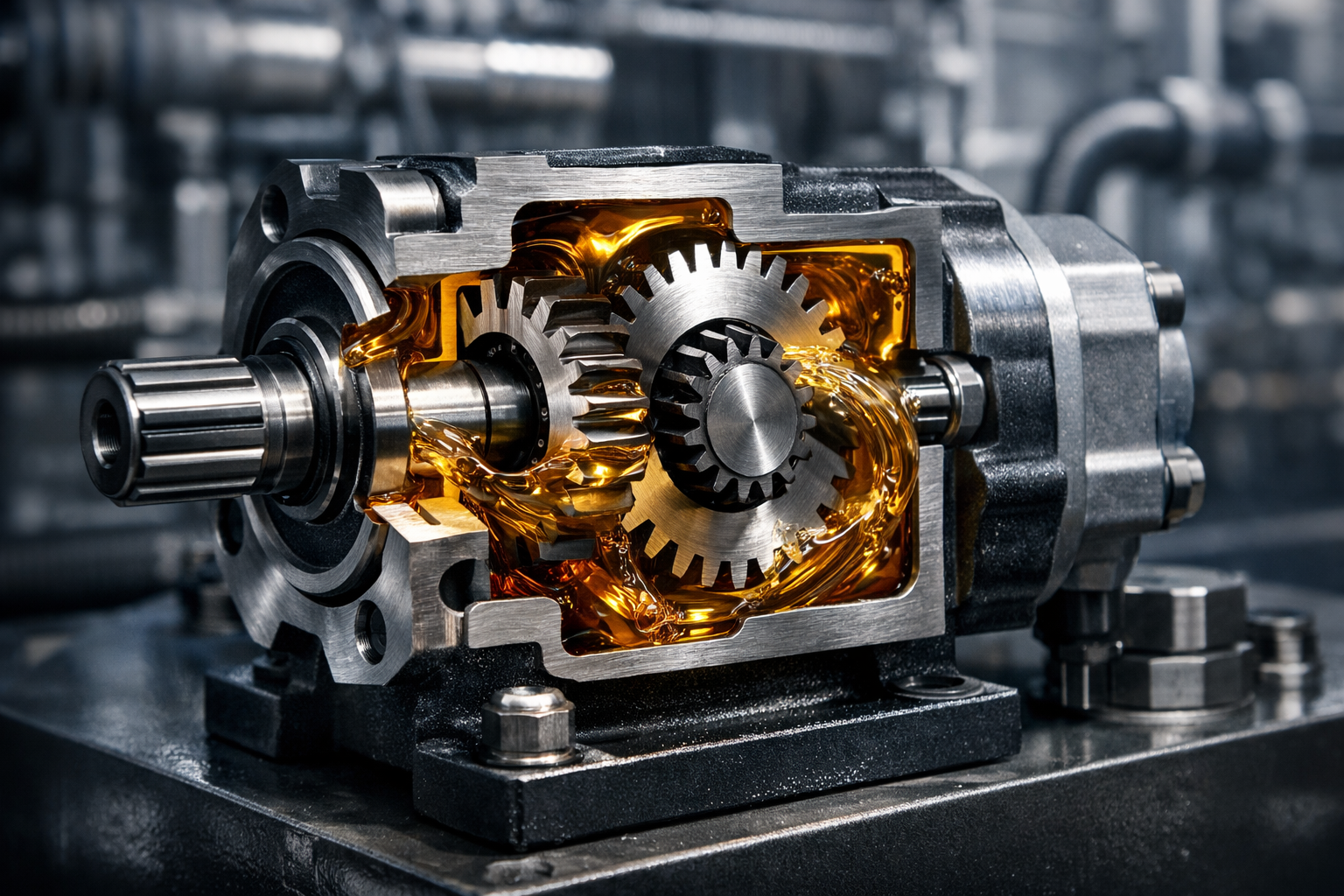 Hydraulic gear pump in cross-section with visible internal mechanism and hydraulic oil in motion on an industrial power unit