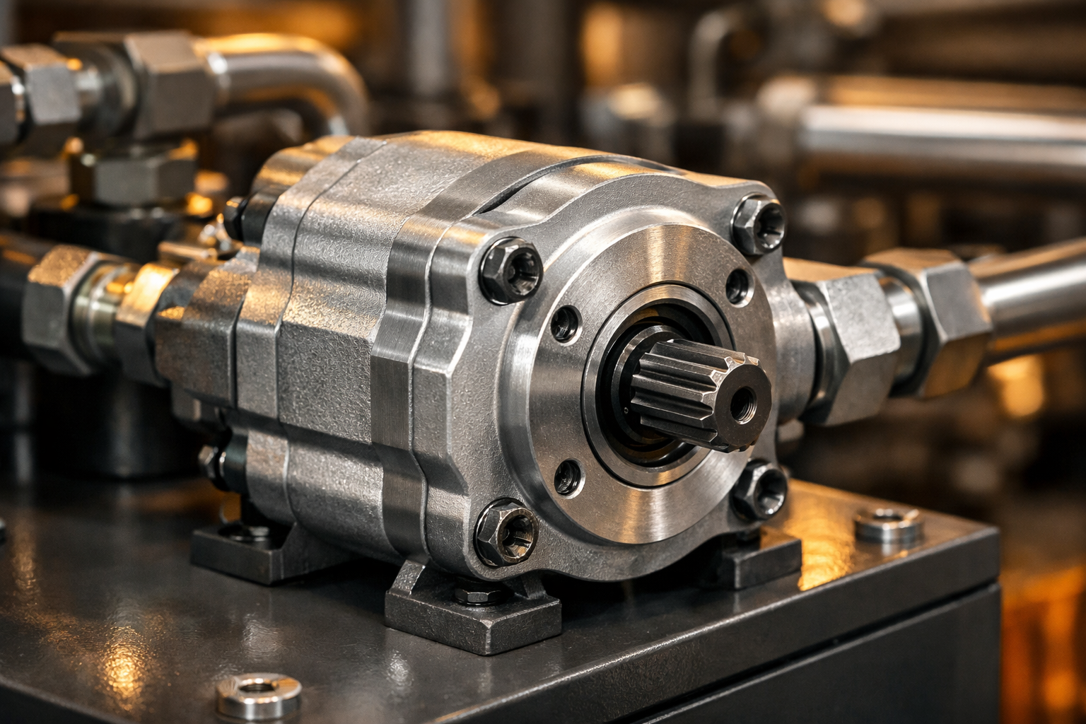 Pompa oleodinamica a ingranaggi installata su centralina idraulica industriale con tubazioni in acciaio