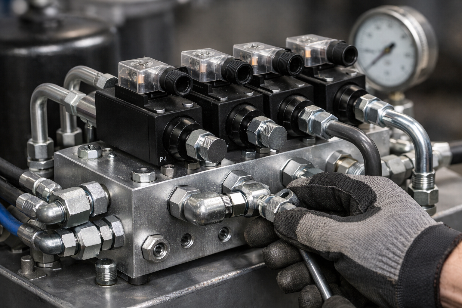 Blocco valvole con distributori oleodinamici collegati su centralina, tubazioni e raccordi visibili sulle bocche P, T, A e B